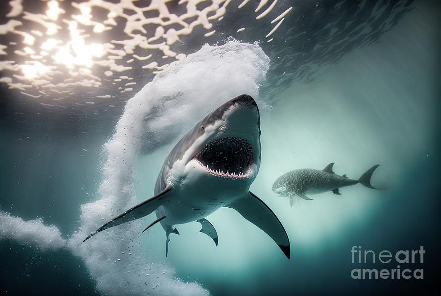 Shark catching fish underwater, hunting in the ocean. Generative AI #1 Photograph by Michal Bednarek