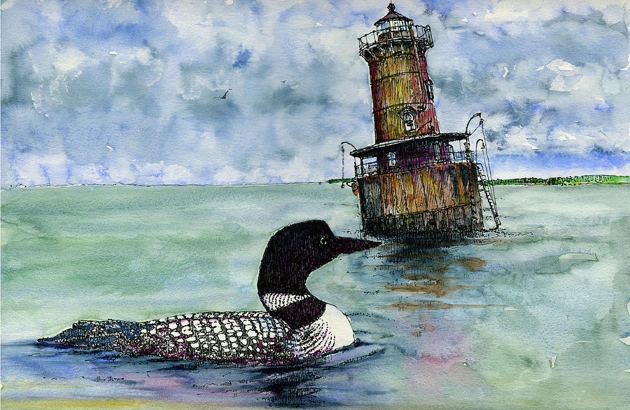 Loon Painting - Sharps Island Lighthouse by John D Benson