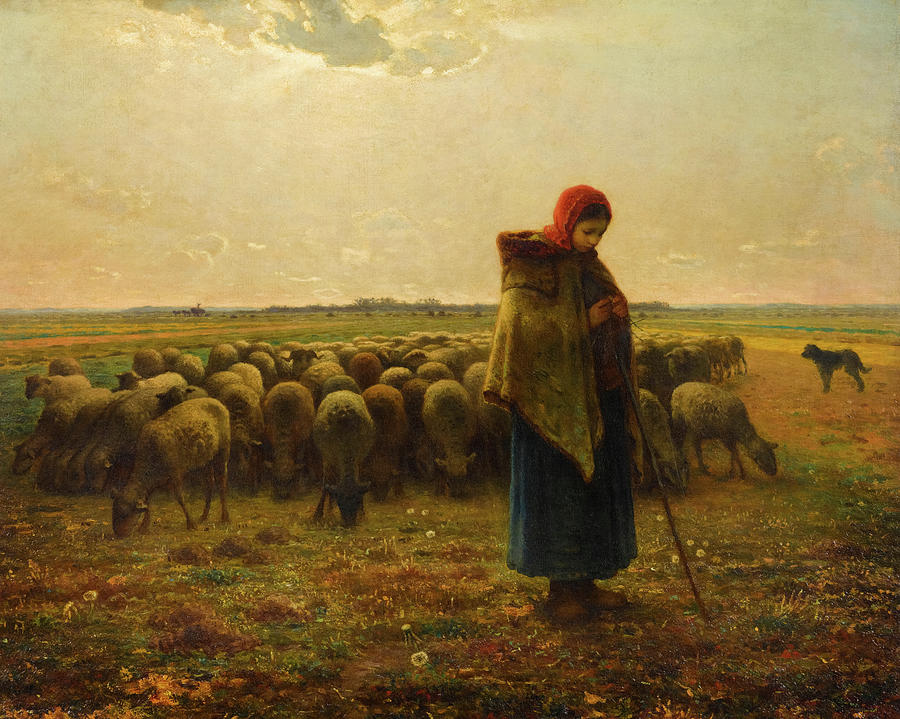 Jean Francois Millet Painting - Shepherdess with her Flock, 1863 #1 by Jean-Francois Millet