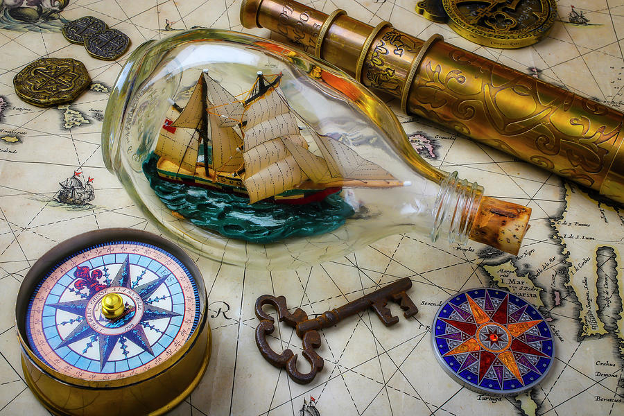Map Photograph - Ship In A Bottle With Compass #1 by Garry Gay