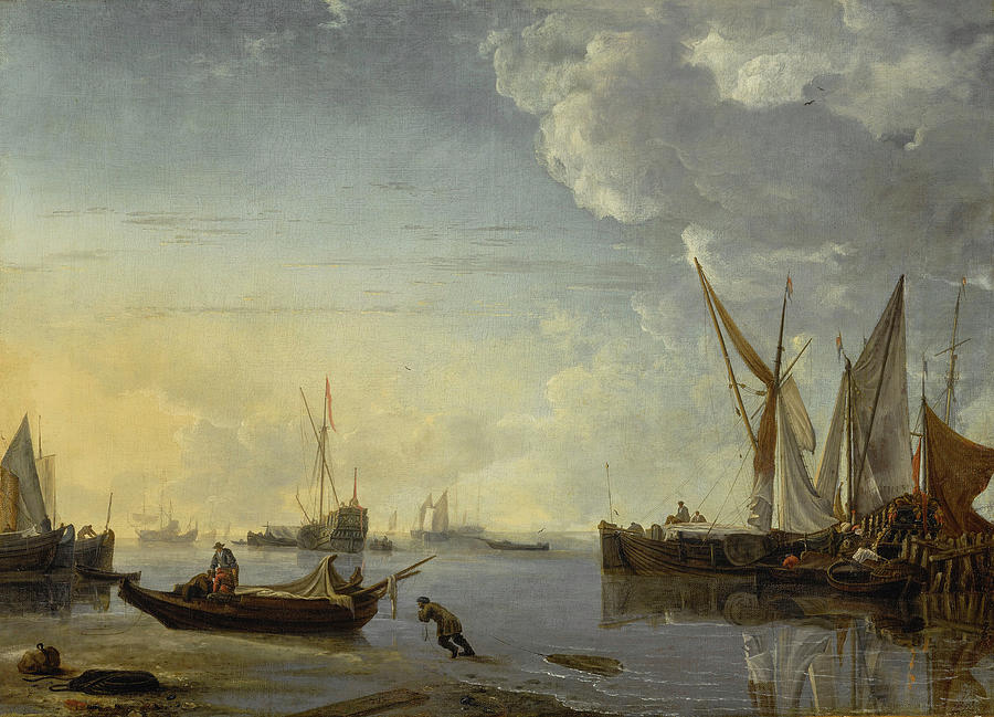 Shipping Scene in a Calm at Sunset #1 Painting by Hendrick Dubbels