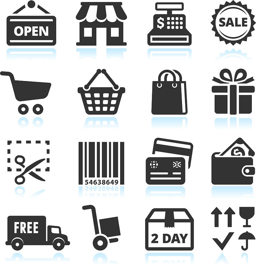 Shopping and Commerce black & white vector icon set #1 Drawing by Bubaone