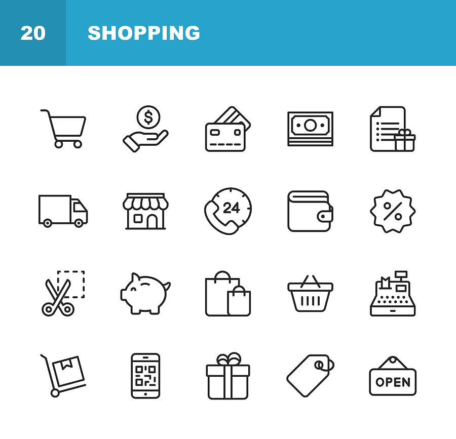 Shopping and E-commerce  Line Icons. Editable Stroke. Pixel Perfect. For Mobile and Web. Contains such icons as Shopping, E-commerce, Payment Method, Piggy Bank, Delivery. #1 Drawing by Rambo182
