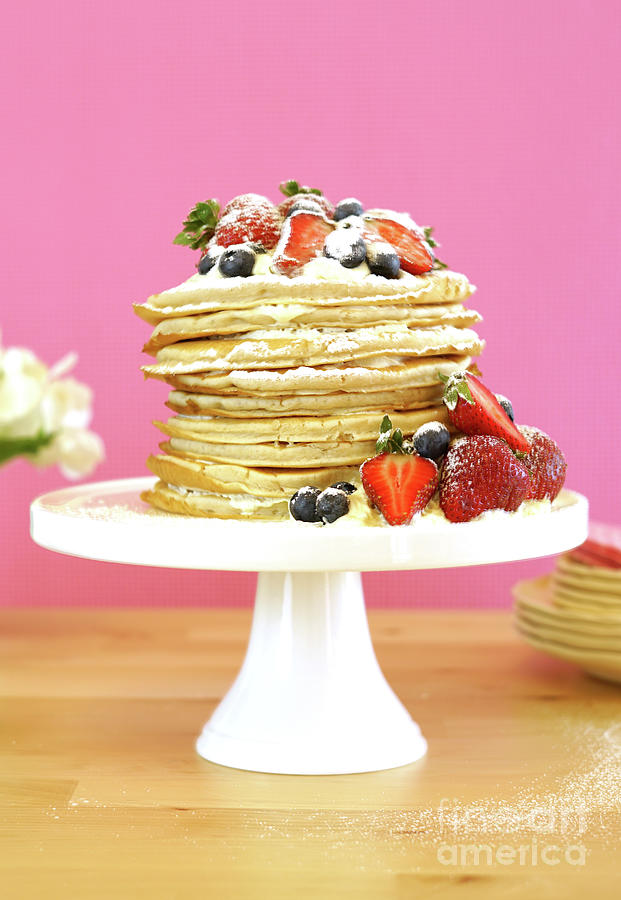 Cake Photograph - Shrove Pancake Tuesday stack of pancakes cake. #1 by Milleflore Images