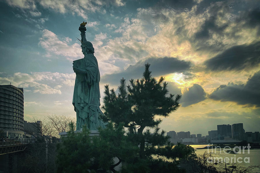 Silhouette of Statue of Liberty, Odaiba,Japan #1 Photograph by Kiran Joshi