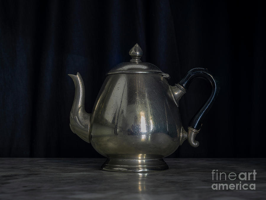 Silver and Brass Teapots Black Background Marble Table Photograph by Pablo Avanzini