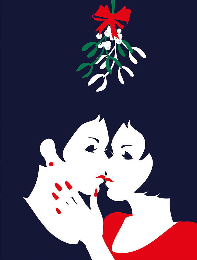 Simple Illustration Two Woman Kiss Under Mistletoe #1 Drawing by Mhj