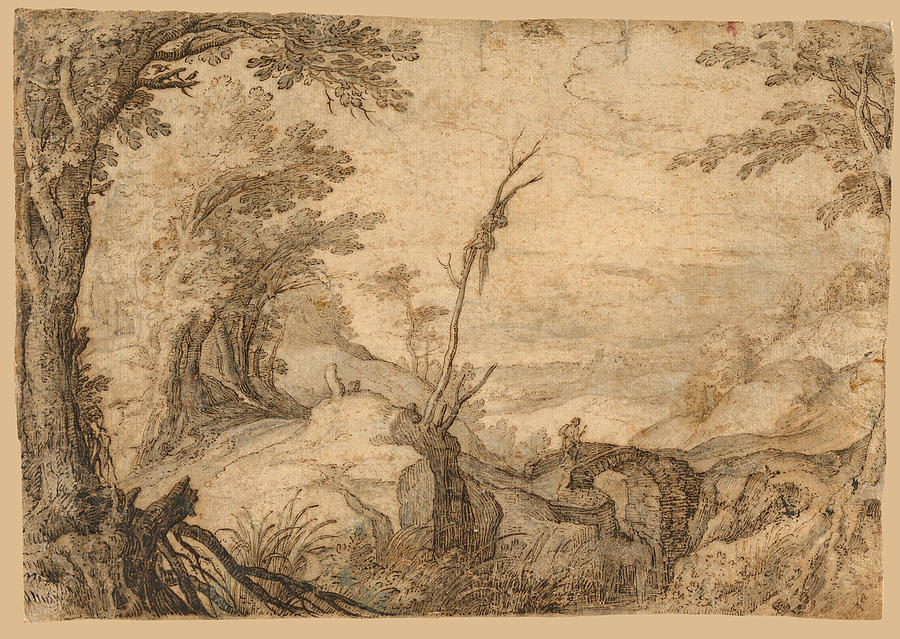 Skeleton Hanging from a Tree in a Landscape #2 Drawing by Paul Bril