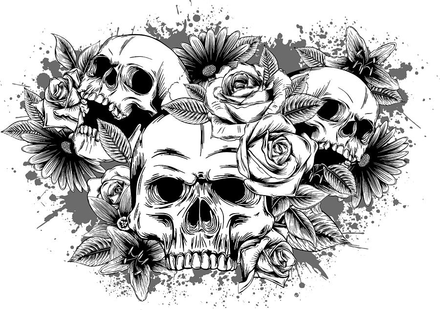 skulls and flowers black and white