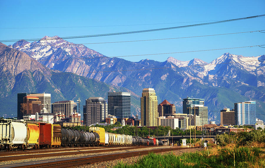 Skyline Of Salt Lake City Downtown In Utah With Wasatch Range Mountains