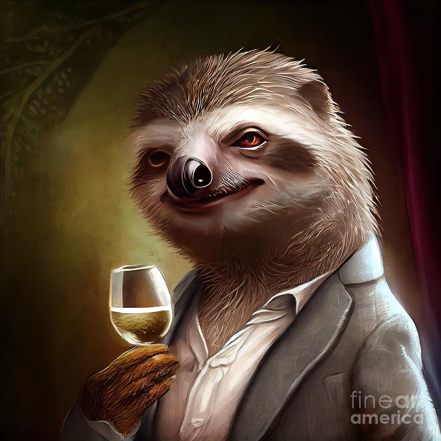 Wildlife Painting - Sloth In Suit Having Drink by N Akkash