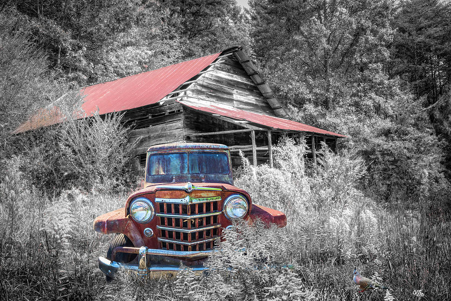 Smoky Mountain Barn  and Jeep in the Autumn Black and White #1 Photograph by Debra and Dave Vanderlaan