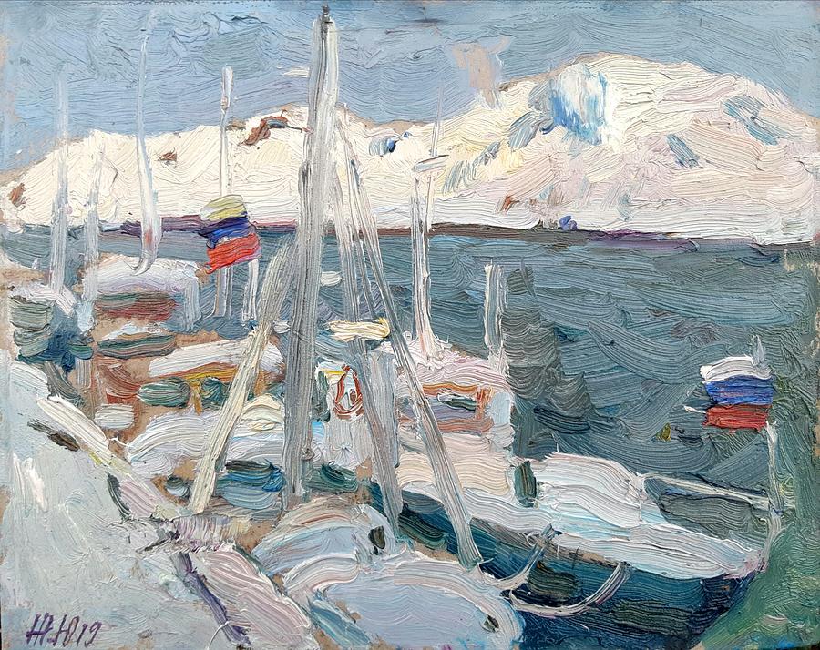 Snow covered pier #2 Painting by Juliya Zhukova
