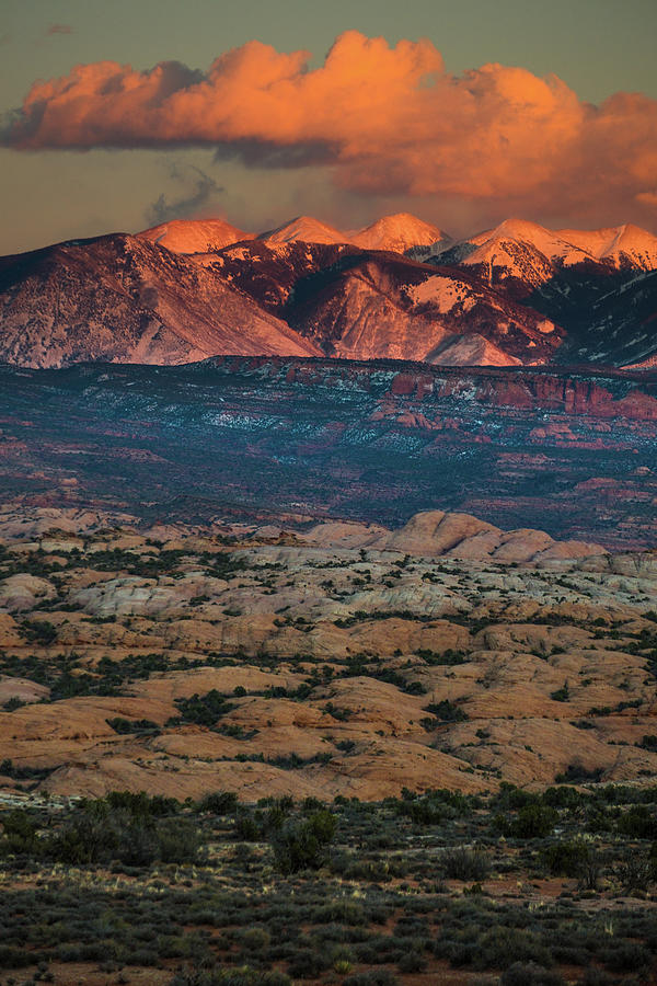 Snowcapped La Sal Mountains at sunset #1 Photograph by David L Moore