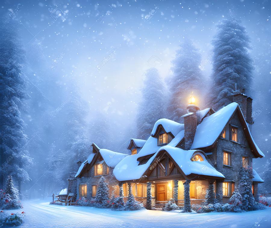 Snowy Cottage in Winter, Generative AI Illustration Digital Art by ...