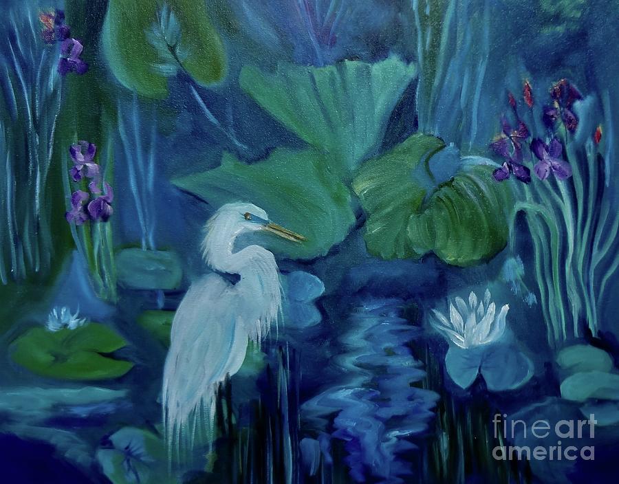 Egret On Monets Pond Painting by Jenny Lee