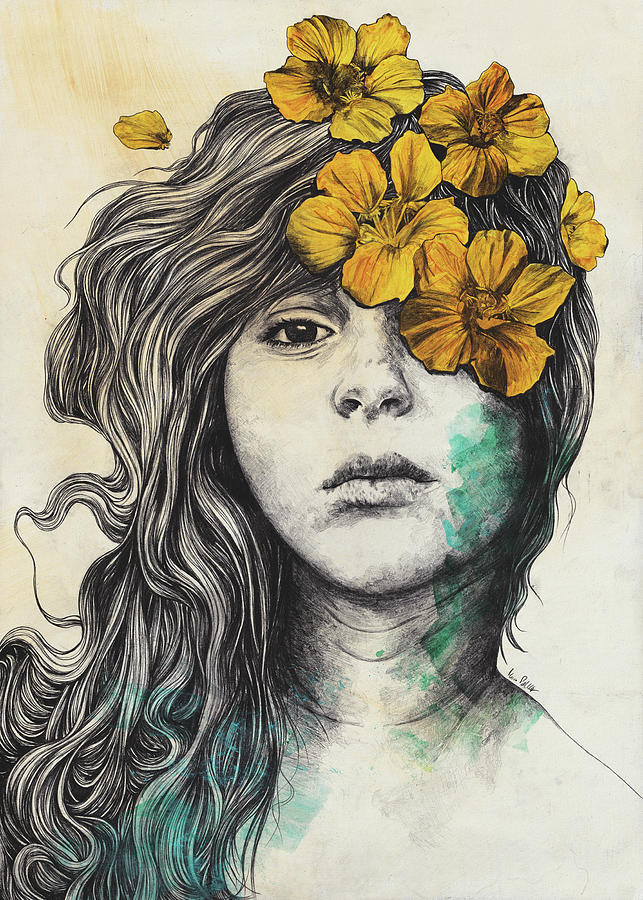 Flower Drawing - Softly Spoken Agony - flower girl pencil portrait #1 by Marco Paludet