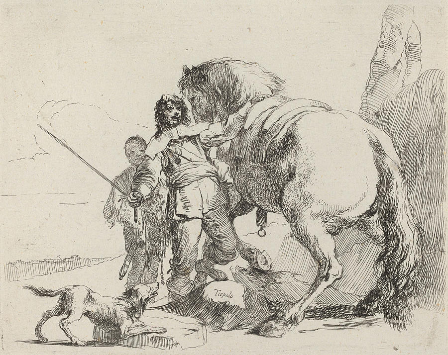 Soldier with Horse and Attendant #2 Drawing by Giovanni Battista Tiepolo