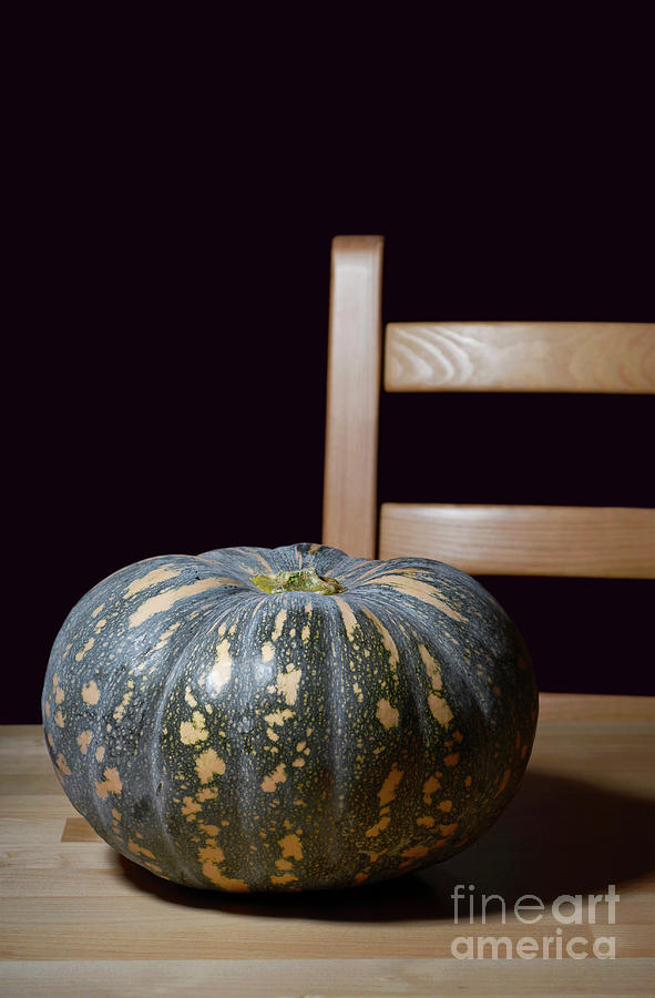Solitary pumpkin on rustic table with chair. #1 Photograph by Milleflore Images