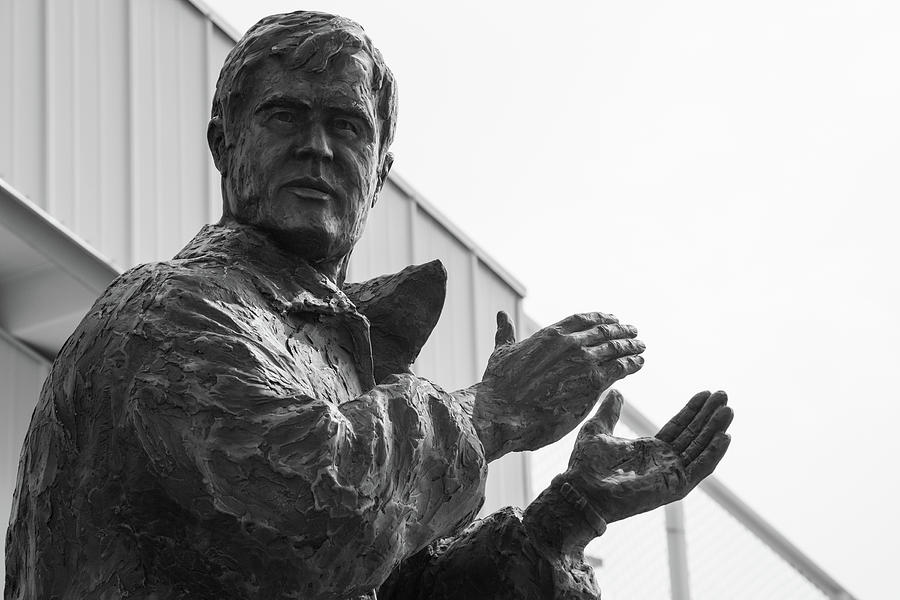 Sonny Holland statue at Montna State University in black and white