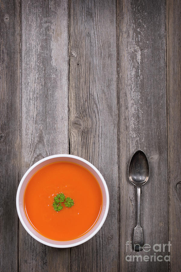 Tomato Photograph - Soup on wood table #1 by Jane Rix