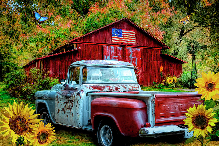 Southern Vintage in Sunflowers #1 Photograph by Debra and Dave Vanderlaan