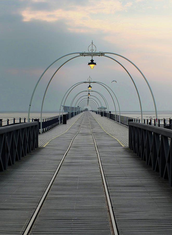 Southport Pier At Sunset With Walkway And Tram Lines #1 Photograph by Philip Openshaw