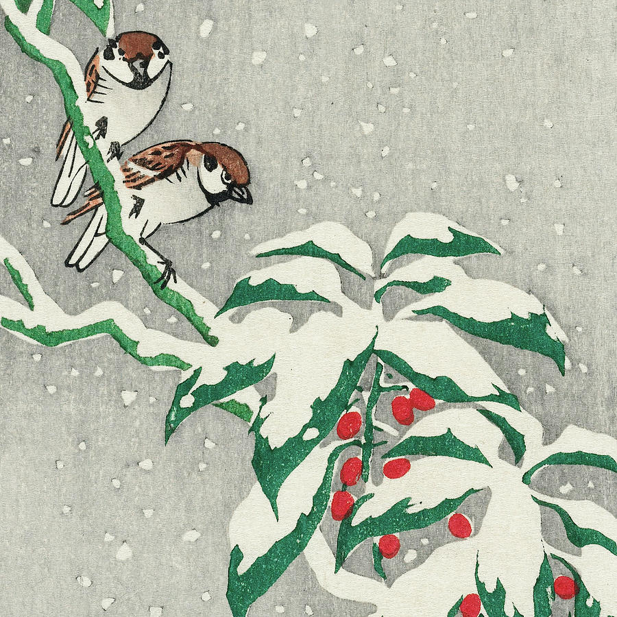 Ohara Koson Painting - Sparrows on snowy berry bush #2 by Ohara Koson