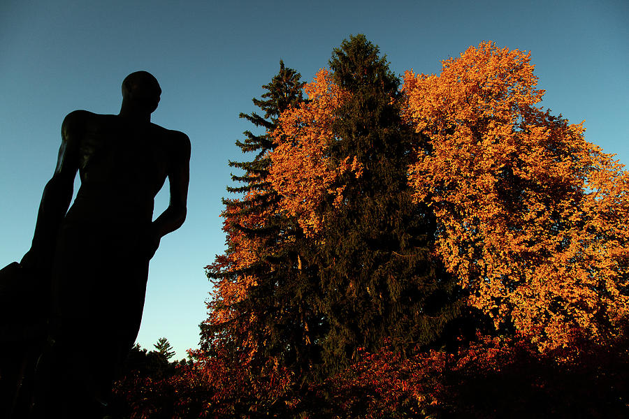 Spartan Statue with fall colors #1 Photograph by Eldon McGraw