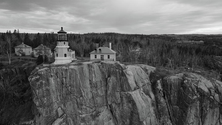 Split Rock Lighthouse in Minnesota along Lake Superior in black and white #1 Photograph by Eldon McGraw