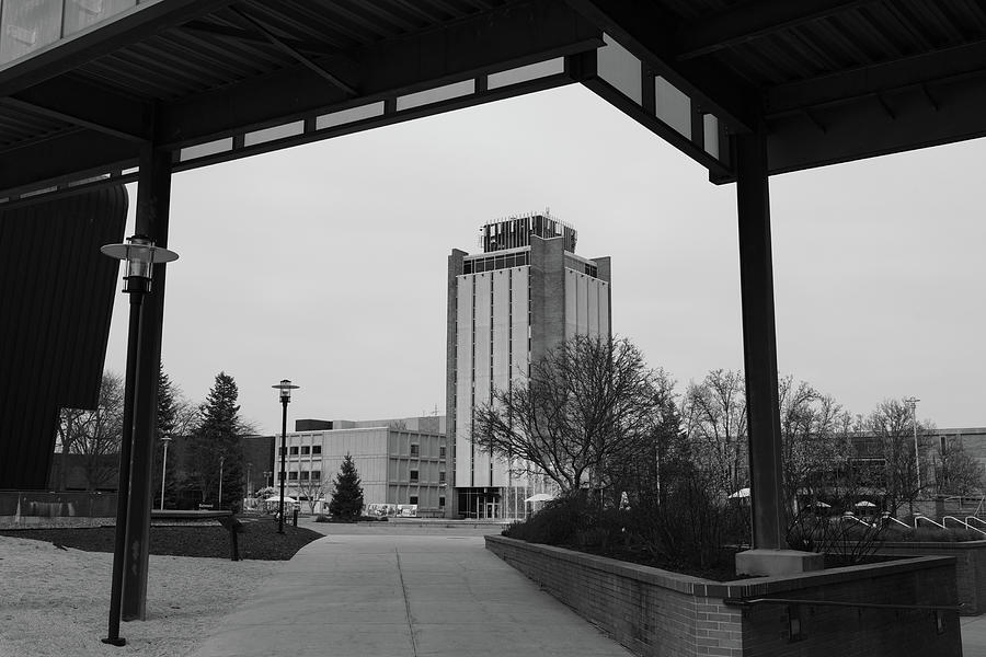 Sprau Tower at Western Michigan University in black and white #1 Photograph by Eldon McGraw