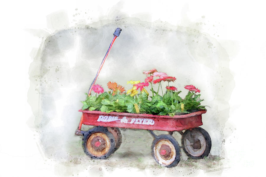 Spring Red Wagon 2 Digital Art by Jayne Carney
