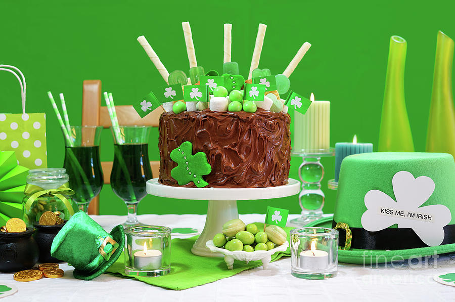 St Patricks Day Party Table with Chocolate Cake #1 Photograph by Milleflore Images