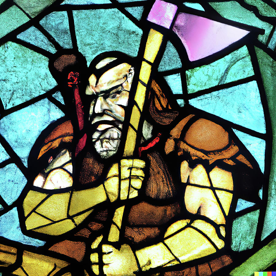 Stained glass image of an orc holding a large axe Photograph by Steve Estvanik