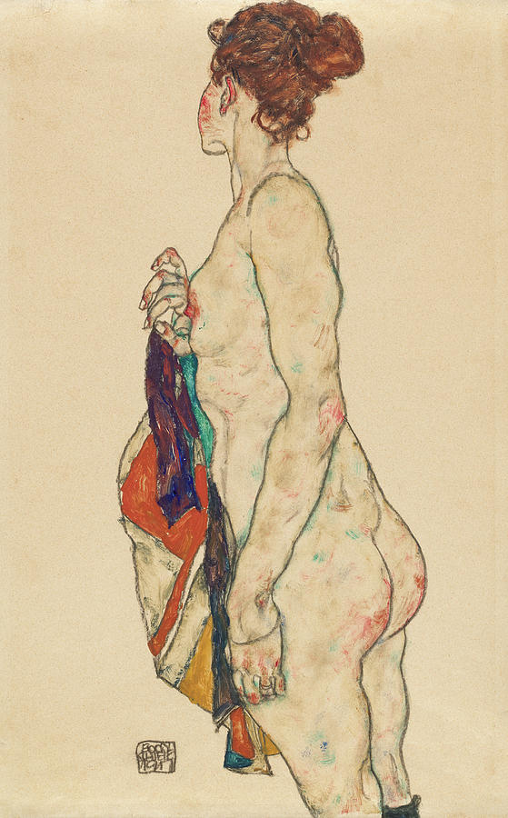 Egon Schiele Painting - Standing Nude with a Patterned Robe #1 by Egon Schiele