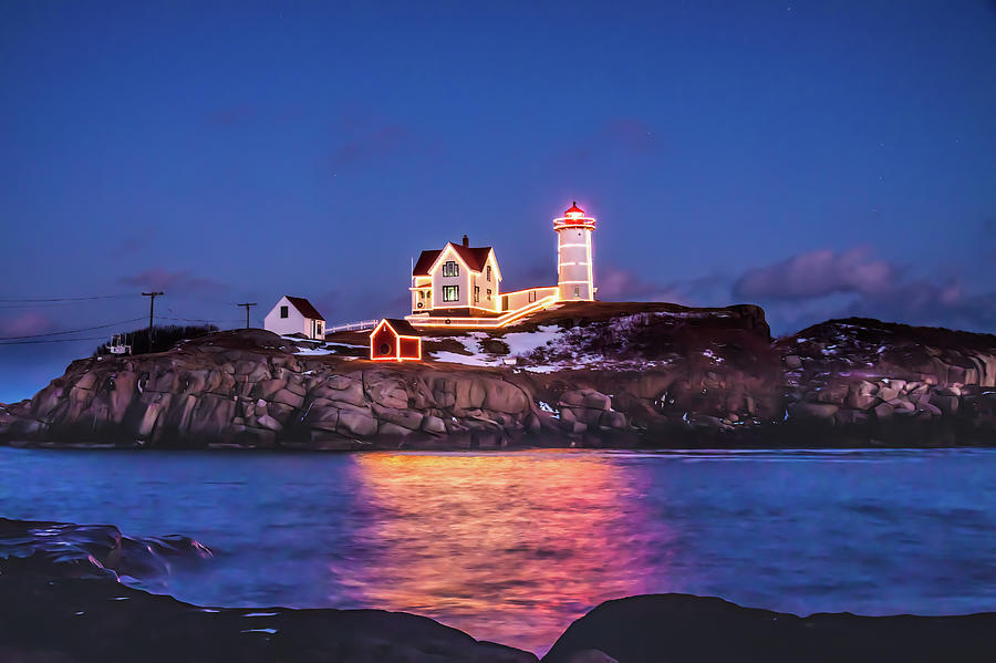 Stars over Nubble Lighthouse in Maine Photograph by Jeff Folger Fine
