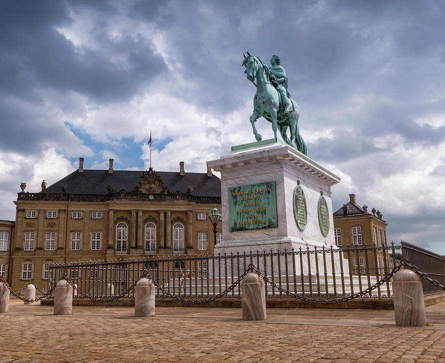 Statue of Frederick V by Jacques Francois Joseph Saly, Amalienborg Palace Square in Copenhagen, Denmark #1 Photograph by Elenarts - Elena Duvernay photo