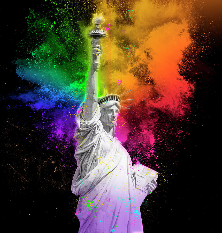  Statue of Liberty with colorful rainbow holi paint powder explosion isolated on black background Digital Art by Maria Kray