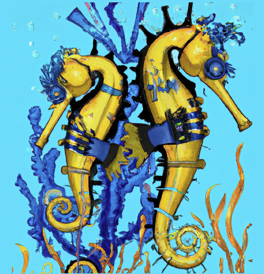 Steampunk yellow and blue seahorses   - generative AI #BuyIntoArt Photograph by Steve Estvanik