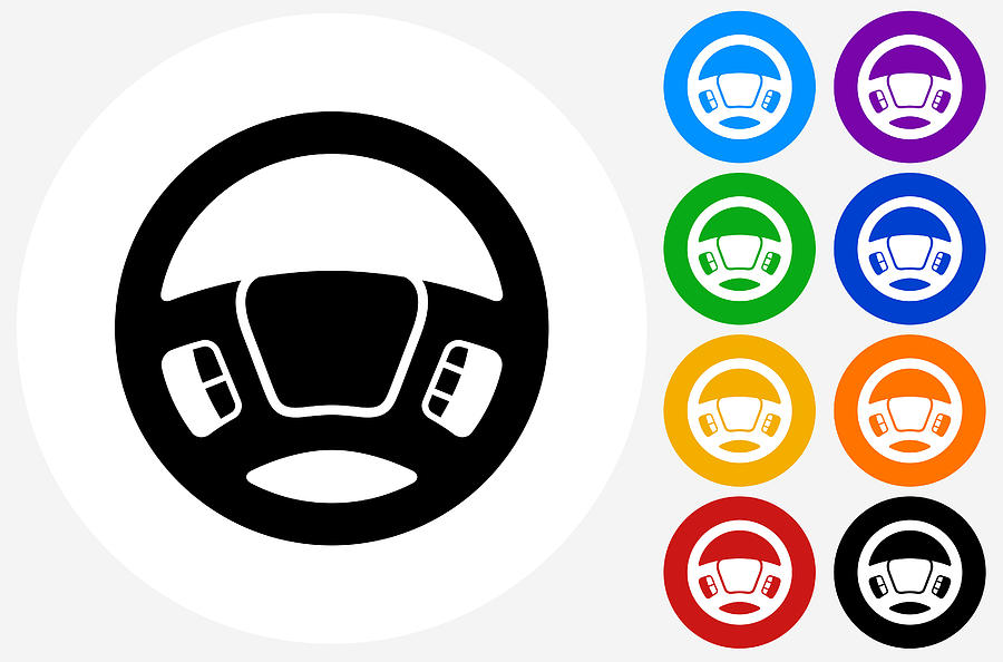 Steering Wheel Icon on Flat Color Circle Buttons #1 Drawing by Alex Belomlinsky