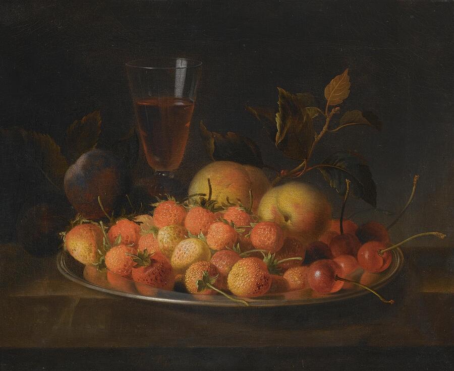 Still Life Of Strawberries Cherries And Peaches On A Silver Dish #1 Painting by Jakob Bogdany Hungarian