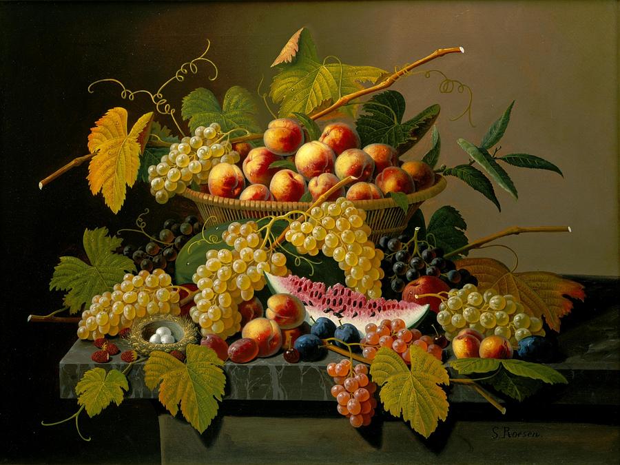 Severin Roesen Painting - Still Life With A Basket Of Fruit #2 by Severin Roesen