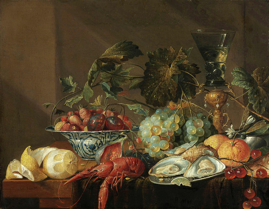 Still-Life with Crayfish, Oysters, and Fruit #1 Painting by Cornelis de Heem