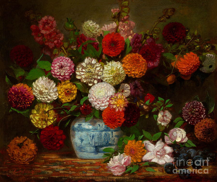 Still Life with Dahlias, Zinnias, Hollyhocks and Plums #1 Painting by Eugene Delacroix