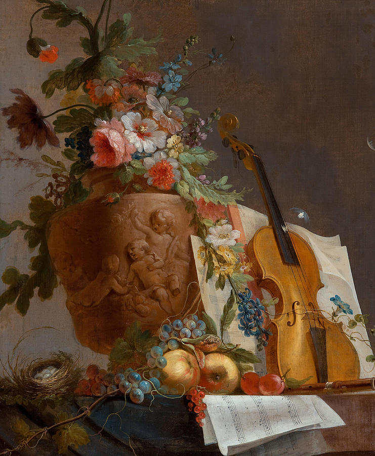Flower Painting - Still life with flowers and a violin  #1 by Jean Jacques Bachelier