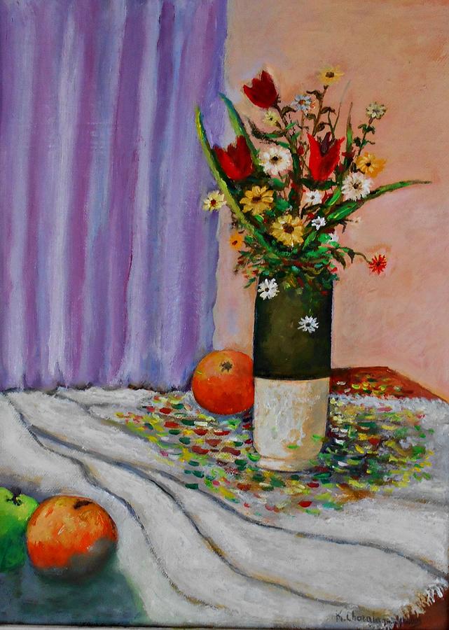 Still life with flowers and fruits #1 Painting by Konstantinos Charalampopoulos