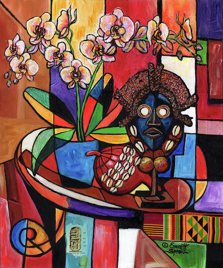 African Mask Mixed Media - Still Life with Orchids, African Dan Mask and Artifacts by Everett Spruill African Mask Mixed Media - Still Life with Orchids, African Dan Mask and Artifacts by Everett Spruill