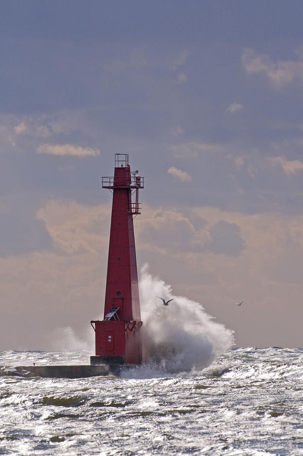 Storm over South Breakwater Lighthouse, Lake Michigan, Muskegon, MI, USA. This storm producted 10 - 14 waves in October 2008 #1 Photograph by Ed Reschke
