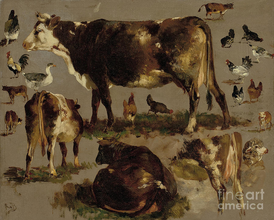 Studies of Cows, Hens, Roosters, a Goose and a Sheep Painting by Rosa Bonheur