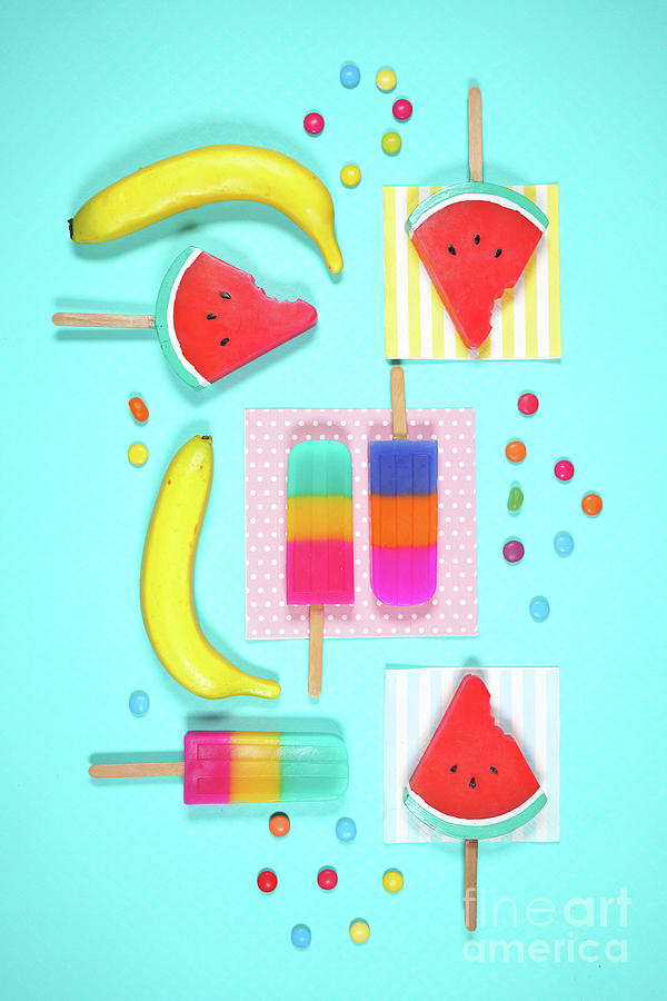 Summer beach vacation theme flatlay styled with watermelon, candy and ice creams #1 Photograph by Milleflore Images
